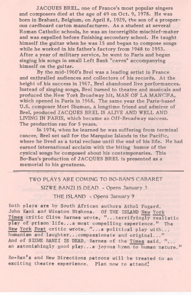BB 1978-11-10 Jacques Brel Is Alive And Well And  Living In Paris – Program p1